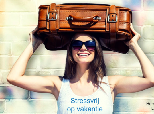 Stressvrij op vakantie lachtende vrouw met koffer op hoofd